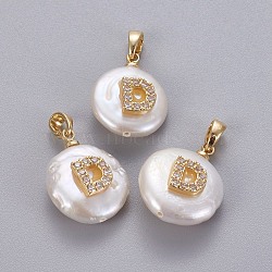 Natural Cultured Freshwater Pearl Pendants, with Brass Micro Pave Cubic Zirconia Findings, Nuggets with Letter, Long-Lasting Plated, Golden, Clear, Letter.D, 17~27x12~16x6~12mm, Hole: 4x2.5mm(KK-L187-A-01D)