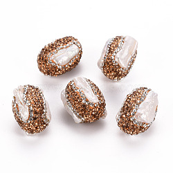 Polymer Clay Rhinestone Beads, with Natural Cultured Freshwater Pearl, Column, Light Colorado Topaz, 24~26x16~18x16~18mm, Hole: 1mm(RB-T013-11E)