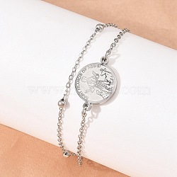 304 Stainless Steel Multi-strand Bracelets, Cable & Satellite Chains Bracelets for Women, Flat Round with St. Francis of Assisi, Stainless Steel Color, 6.69 inch(17cm)(SA-CBA7739-02P)