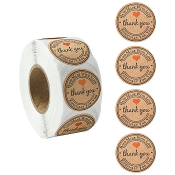 Kraft Paper Thank You Sticker Rolls, Round Dot Self Adhesive Decals, for Envelope, Gift Bag, Card Sealing, BurlyWood, 25mm, about 500pcs/roll