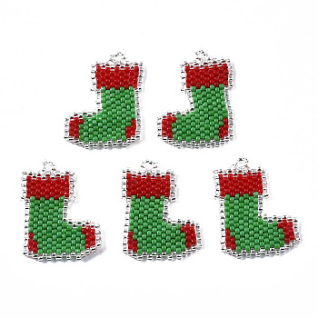 MIYUKI & TOHO Japanese Seed Beads, Handmade Pendants, Loom Pattern, Christmas Sock, Medium Sea Green, 27x20x2mm, Hole: 1.5mm