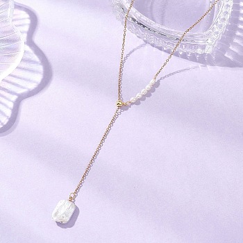 Adjustable Natural Keshi Pearl Rectangle Pendant 304 Stainless Steel Cable Chain Lariat Y Necklaces, Seashell Color, Golden, 18.90 inch(48cm)