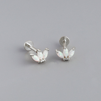 925 Sterling Silver with Synthetic Opal Cartilage Earrings, Internally Threaded Labrets, Platinum, Flower, 7.58x5.5mm, bar: 7.5mm long