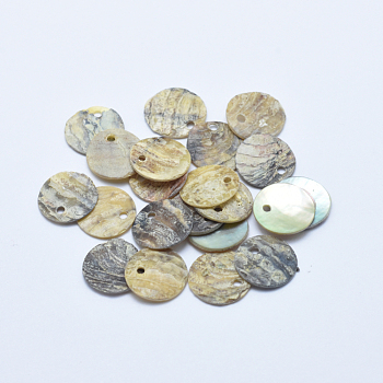 Natural Akoya Shell Charms, Mother of Pearl Shell Pendants, Flat Round, Light Khaki, 11x11x1~2mm, Hole: 1.5mm