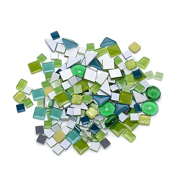 Geometry Shapes Transparent Glass Cabochons, Mosaic Tiles, for Home Decoration or DIY Crafts, Green, 10~20x10~23x3.5~10mm, about 125pcs/bag