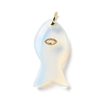 Opalite Pendants, Fish Charms with Brass Micro Pave Clear Cubic Zirconia Findings, Golden, 39.5~40x20~20.5x8.5mm, Hole: 4x4.5mm