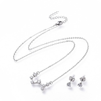 304 Stainless Steel Jewelry Sets, Brass Micro Pave Cubic Zirconia Pendant Necklaces and 304 Stainless Steel Stud Earrings, with Ear Nuts/Earring Back, Twelve Constellations, Clear, Scorpio, 465x1.5mm