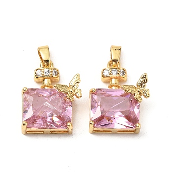 Brass Micro Pave Cubic Zirconia Pendants, Cadmium Free & Lead Free, Perfume Bottle Shaped with Butterfly, Real 18K Gold Plated, Pearl Pink, 19x15x7.5mm, Hole: 5x2.5mm