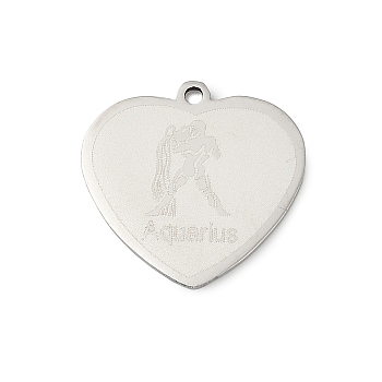 201 Stainless Steel Pendants, Heart with 12 Constellations Charms, Aquarius, 17.5x18x1mm, Hole: 1.4mm