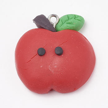Handmade Polymer Clay Pendants, with Iron Findings, Apple, Platinum, Red, 28x27x11mm, Hole: 2mm