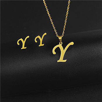Golden Stainless Steel Initial Letter Jewelry Set, Stud Earrings & Pendant Necklaces, Letter Y, No Size