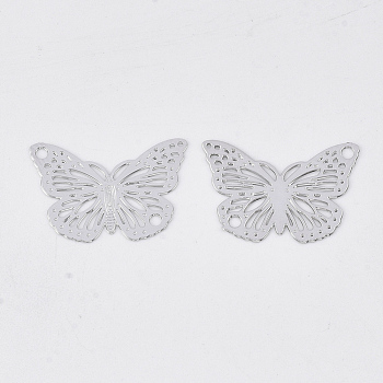 Brass Links connectors, Etched Metal Embellishments, Long-Lasting Plated, Butterfly, Platinum, 13x19x0.3mm, Hole: 1.4mm
