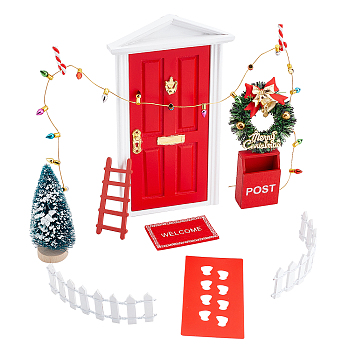 Christmas Theme Mini Display Decoration Kit, including Path, Paper, Light, Cane, Garland, Tree, Rug, Key, Letter Box, Fence, Wooden Door, Ladder, for Dollhouse Accessories, Mixed Color, 14pcs/set