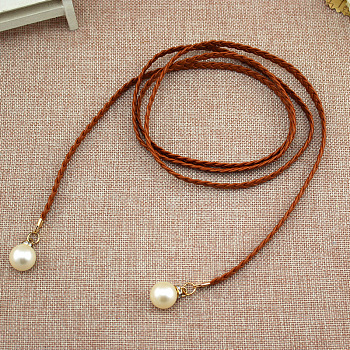Imitation Leather Braided Belly Belt with Plastic Imitation Pearl Round Bead, Sienna, 1400mm