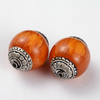 Tibetan Style Round Beads, with Resin Imitation Beeswax and Antique Silver Brass Findings, Dark Orange, 27x21mm, Hole: 1.5mm