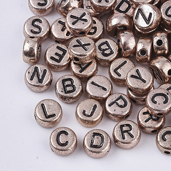 Plating Acrylic Beads, Horizontal Hole, Flat Round with Random Initial Letter, Rose Gold Plated, 7x3.5mm, Hole: 1.5mm, about 3650pcs/500g