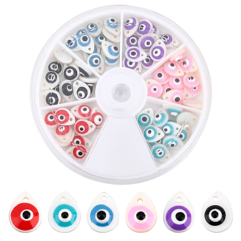 72Pcs 6 Colors Natural Freshwater Shell Charms, with Enamel, Teardrop with Evil Eye, Mixed Color, 10.5x8x3~4mm, Hole: 1.2mm, 12pcs/color