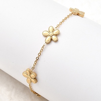 304 Stainless Steel Flower Link Bracelets, Cable Chain Bracelets for Women, Ion Plating(IP), Real 18K Gold Plated, 8 inch(20.2cm)