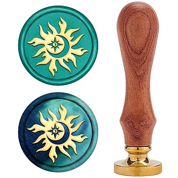 DIY Scrapbook, Brass Wax Seal Stamp and Wood Handle Sets, Sun with Moon, Golden, 8.9x2.5cm, Stamps: 25x14.5mm