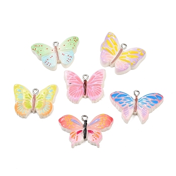 Opaque Resin Pendants, Butterfly, with Platinum Iron Loop, Mixed Color, 19~21.5x27~34x6mm, Hole: 2mm