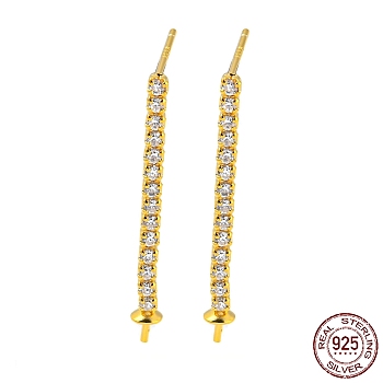 925 Sterling Silver Micro Pave Clear Cubic Zirconia Stud Earring Findings, for Half Drilled Beads, with S925 Stamp, Real 18K Gold Plated, 27.5x2mm, Pin: 10.5x0.7mm and 0.7mm