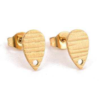 Ion Plating(IP) 304 Stainless Steel Stud Earring Findings, with Hole, Grooved Teardrop, Golden, 10x6mm, Hole: 1mm, Pin: 0.8mm