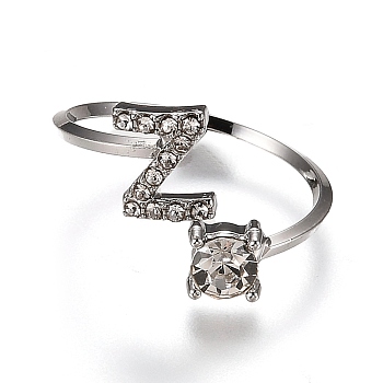 Alloy Cuff Rings, Open Rings, with Crystal Rhinestone, Platinum, Letter.Z, US Size 7 1/4(17.5mm)