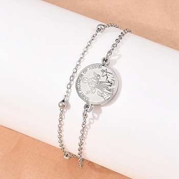 304 Stainless Steel Multi-strand Bracelets, Cable & Satellite Chains Bracelets for Women, Flat Round with St. Francis of Assisi, Stainless Steel Color, 6.69 inch(17cm)