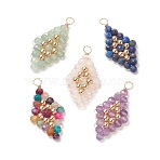 Natural Mixed Stone Copper Wire Wrapped Pendants, Rhombus Charms with Brass Beads, Golden, 39~41x20x4mm, Hole: 4mm(PALLOY-JF02012)