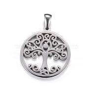 304 Stainless Steel Pendants, Flat Round with Tree of Life, Stainless Steel Color, 27.5x25x2mm, Hole: 7x3mm(STAS-P063-07P)