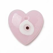 Handmade Evil Eye Lampwork Pendants, Heart Charms, Pearl Pink, 35x35x8.5mm, Hole: 3mm(LAMP-G153-03)