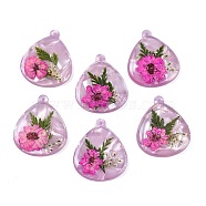 Epoxy Resin Pendants, Cadmium Free & Lead Free, Inner Flower, Teardrop, 31.5x26.5x3mm, Hole: 1.8mm(RESI-S09-01H-RS)