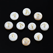 Natural Freshwater Shell Beads, with Golden Plated Brass Etched Metal Embellishments, Flat Round with Letter, Seashell Color, Letter.A, 6x4mm, Hole: 0.8mm(SHEL-S278-036A)