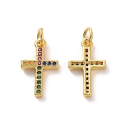 Brass Micro Pave Colorful Cubic Zirconia Pendants, with Jump Ring, Cross Charm, Real 18K Gold Plated, 17x10.5x2.5mm, Hole: 3.5mm(KK-E068-VF125)