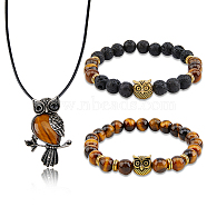 Alloy Owl Pendant Necklace & Beaded Stretch Bracelets, Natural Tiger Eye & Lava Rock Jewelry Set for Women, 20-1/2 inch(52cm), 2-1/8~2-1/4(5.3~5.6cm), 3Pcs/set(SJEW-FI0001-06)