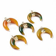 Natural Agate Pendants, with Light Gold Plated Brass Findings, Dyed & Heated, Horn Charm, 39x39x9.5mm, Hole: 2mm(G-G990-04KCG)
