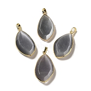 Cat Eye Pendants, with Rack Plating Brass Loops, Oval Charm, Gray, 36~36.5x19.5~20x6~6.5mm, Hole: 6.5x3.5mm(G-K338-08G-07)