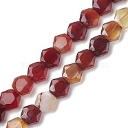 Natural Red Agate Beads Strands, Faceted Hexagonal Cut, Hexagon, 8~8.5x9~9.5x4~4.5mm, Hole: 1mm, about 25pcs/strand, 8.11''(20.6cm)(G-K359-C13-01)