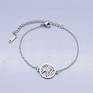 201 Stainless Steel Link Bracelets, with Lobster Claw Clasps, Tree of Life with Flat Round, Stainless Steel Color, 6-5/8 inch(16.8~16.9cm)(BJEW-T011-JN489-1)