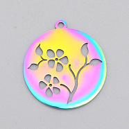 Ion Plating(IP) 201 Stainless Steel Pendants, Laser Cut, Hollow, Flat Round with Flower, Rainbow Color, 27.5x25x1mm, Hole: 1.8mm(STAS-T056-LA555)
