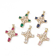 Rack Plating Brass Micro Pave Cubic Zirconia Pendants, with Plastic Imitation Pearl, Cadmium Free & Lead Free, Long-Lasting Plated, Real 18K Gold Plated, Religion Cross Charm, Mixed Color, 26.5x19x3.5mm, Hole: 3x5mm(KK-G451-02G)
