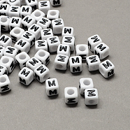Large Hole Acrylic Letter European Beads, Horizontal Hole, White & Black, Cube with Letter.M, 10x10x10mm, Hole: 4mm(X-SACR-Q103-10mm-01M)