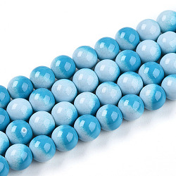 Baking Paint Glass Beads, Imitate Porcelain Beads, Round, Two Tone, Deep Sky Blue, 8~8.5mm, Hole: 1mm(X1-DGLA-N012-8mm-05)