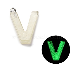 Luminous Resin Pendants, Glow in the Dark, with Platinum Plated Loop, Letter, Letter V, 23.5x18x5mm, Hole: 1.8mm(RESI-I059-V02)