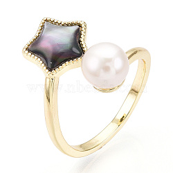 Natural Pearl Finger Open Cuff  Ring with Black Shell, Brass Finger Rings, Star, Real 18K Gold Plated, US Size 6 1/2(16.9mm)(PEAR-N022-C02)