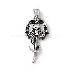 Tibetan Style 304 Stainless Steel Pendants,  Sword with Skull Charm, Antique Silver, 35.5x17.5x4mm, Hole: 7x3.5mm(STAS-H170-32AS)