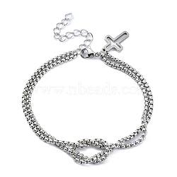 304 Stainless Steel Hollow Cross Charm Bracelet with Double Layer Box Chains, Stainless Steel Color, 7-1/2 inch(18.9cm)(BJEW-A002-01P)