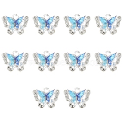 10Pcs Alloy Pendants, Butterfly, with Rhinestone and Resin, Silver, Deep Sky Blue, 14x17x5mm, Hole: 2mm(FIND-YW0009-29E)