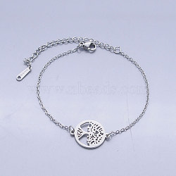 201 Stainless Steel Link Bracelets, with Lobster Claw Clasps, Tree of Life with Flat Round, Stainless Steel Color, 6-5/8 inch(16.8~16.9cm)(BJEW-T011-JN489-1)