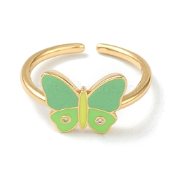 Brass Micro Pave Clear Cubic Zirconia Cuff Rings, Open Rings, with Enamel, Butterfly, Golden, Green, US Size 6, Inner Diameter: 17mm(RJEW-O043-11G-B)